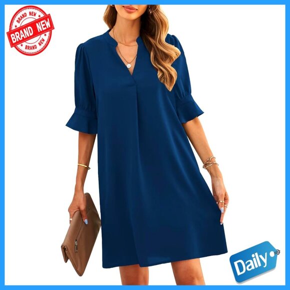 Dresses & Skirts - Knee-Length V-Neck Shift Dress with Ruffle Sleeves, Polyester Casual Summer Wear